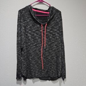 Black and Gray Hooded Pullover with Pink Drawstring